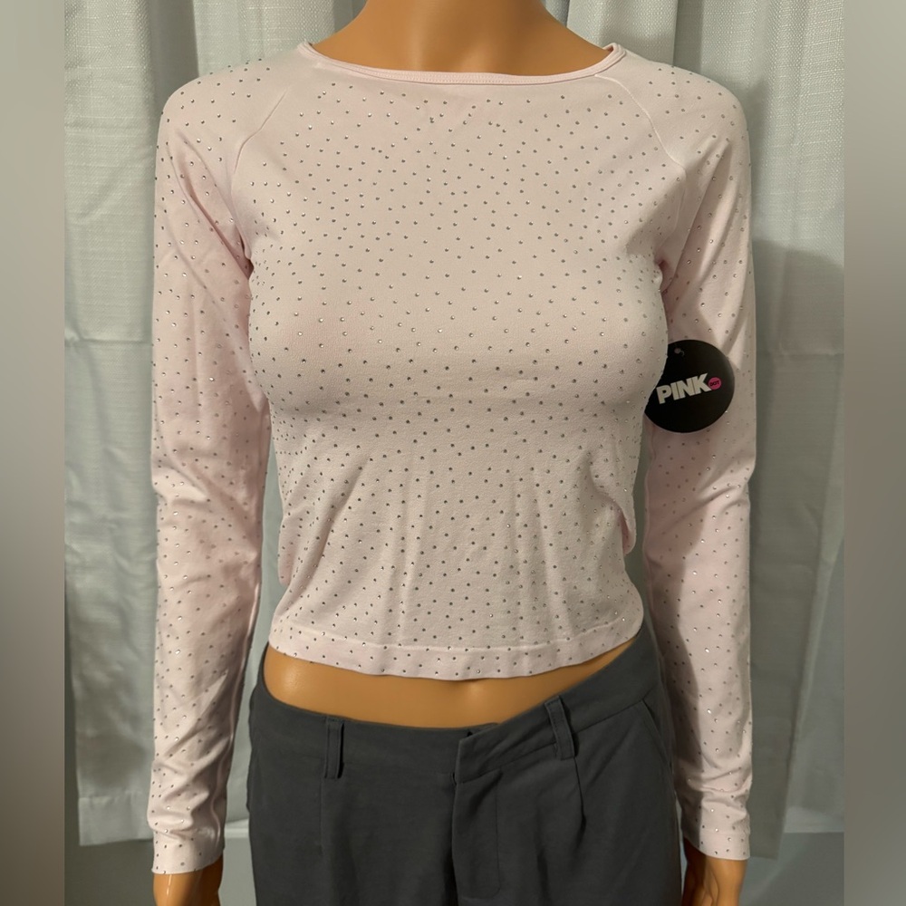 Cute Pink Dot size S light pink rhinestone long sleeve cropped top juniors